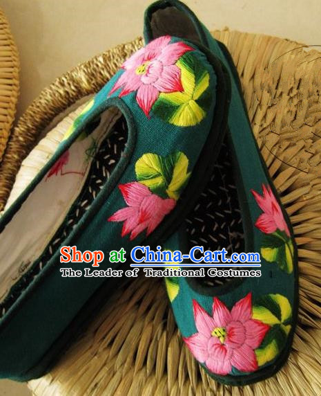 Asian Chinese Traditional Shoes Bride Green Xiuhe Suit Embroidered Shoes, China Peking Opera Handmade Embroidery Lotus Shoe Hanfu Princess Shoes for Women