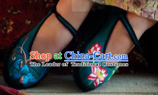 Asian Chinese Traditional Shoes Wedding Bride Green Embroidered Shoes, China Peking Opera Handmade Embroidery Lotus Hanfu Shoes for Women