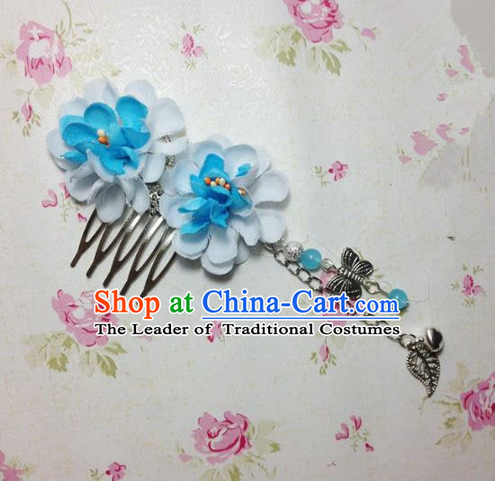 Traditional Chinese Ancient Classical Hair Accessories Hanfu Blue Flowers Hair Comb Bride Butterfly Tassel Hairpins for Women