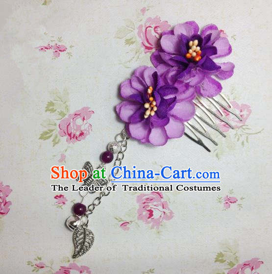 Traditional Chinese Ancient Classical Hair Accessories Hanfu Purple Flowers Hair Comb Bride Butterfly Tassel Hairpins for Women