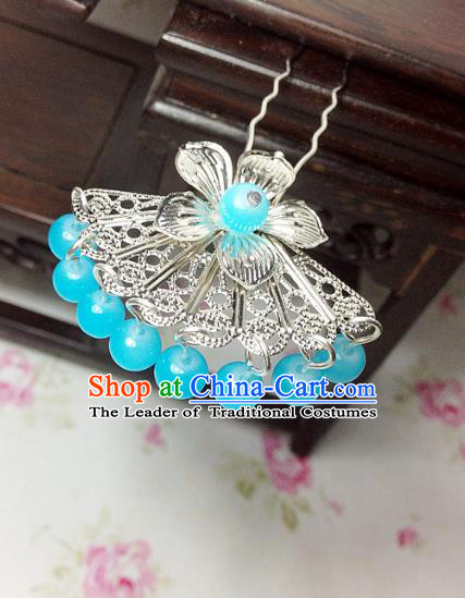 Traditional Chinese Ancient Classical Hair Accessories Hanfu Lake Blue Beads Tassel Hair Clip Bride Hairpins for Women