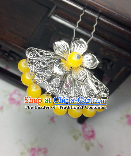 Traditional Chinese Ancient Classical Hair Accessories Hanfu Yellow Beads Tassel Hair Clip Bride Hairpins for Women