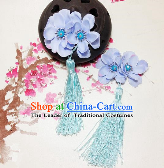 Traditional Chinese Ancient Classical Hair Accessories Hanfu Blue Flowers Tassel Hair Stick Bride Hairpins for Women