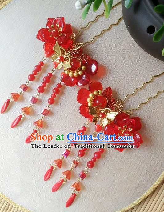 Traditional Chinese Ancient Classical Hair Accessories Hanfu Red Tassel Hair Clip Bride Hairpins for Women