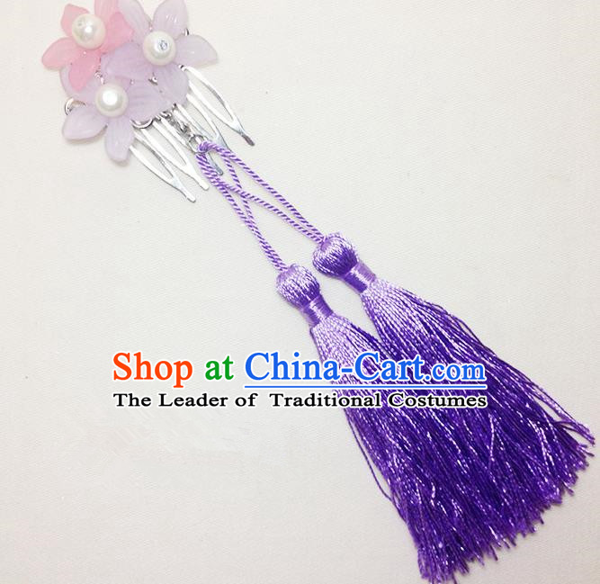 Traditional Chinese Ancient Classical Hair Accessories Hanfu Cheongsam Hair Comb Bride Purple Tassel Hairpins for Women