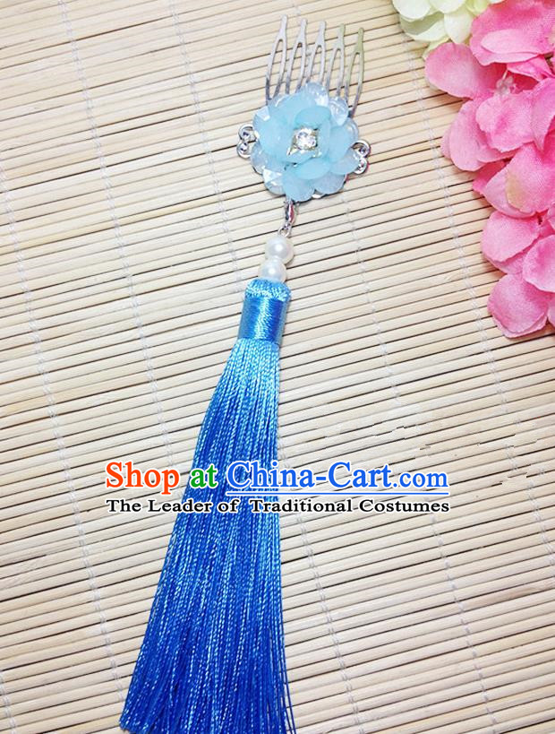 Traditional Chinese Ancient Classical Hair Accessories Hanfu Cheongsam Hair Comb Bride Light Blue Tassel Hairpins for Women