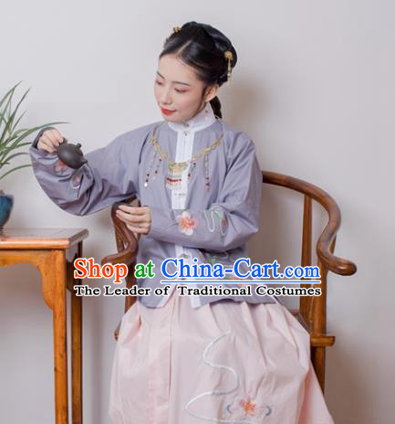 Asian China Ming Dynasty Princess Costume Purple Blouse and Pink Skirt, Traditional Ancient Chinese Palace Lady Embroidered Hanfu Clothing for Women