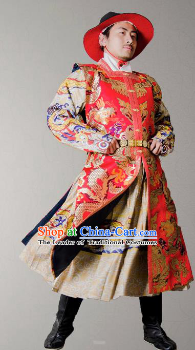 Asian China Ming Dynasty Swordsman Costume Red Brocade Vest, Traditional Ancient Chinese Imperial Emperor Waistcoat Clothing for Men