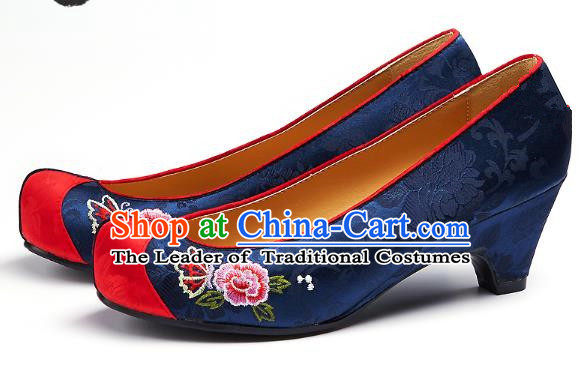 Traditional Korean National Embroidered Shoes, Asian Korean Hanbok Navy Wedding Shoes for Women