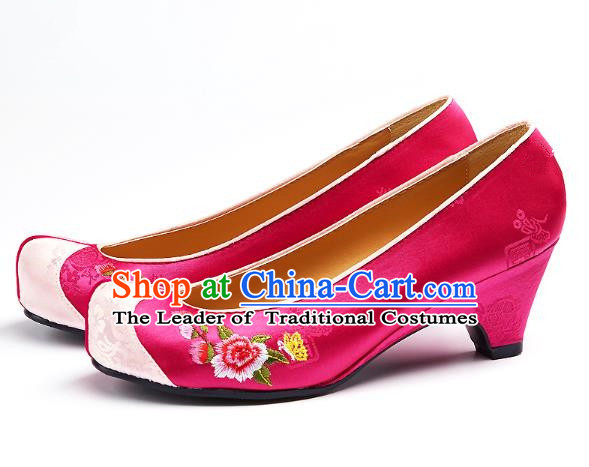 Traditional Korean National Embroidered Shoes, Asian Korean Hanbok Rosy Wedding Shoes for Women