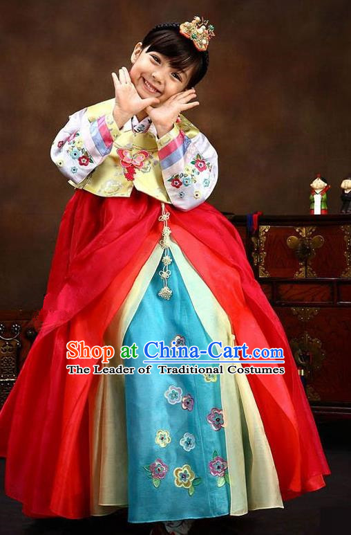 Traditional Korean Handmade Hanbok Embroidered Bride Clothing, Asian Korean Fashion Apparel Hanbok Embroidery Costume for Kids