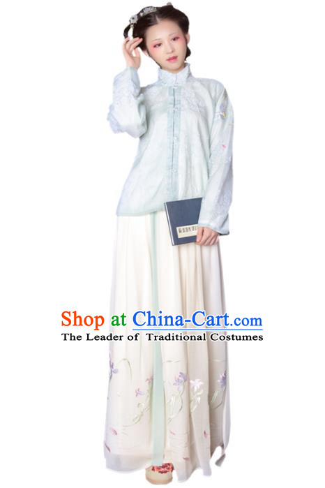 Asian China Ming Dynasty Princess Costume Green Blouse and Skirt, Traditional Ancient Chinese Palace Lady Hanfu Embroidered Clothing for Women