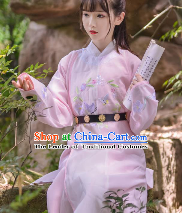 Asian China Tang Dynasty Kawaler Costume Pink Robe, Traditional Ancient Chinese Swordsman Hanfu Embroidered Clothing for Women