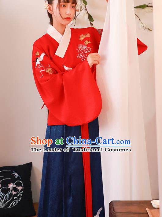 Asian China Ming Dynasty Young Lady Costume Red Blouse and Skirt, Traditional Ancient Chinese Princess Hanfu Embroidered Clothing for Women