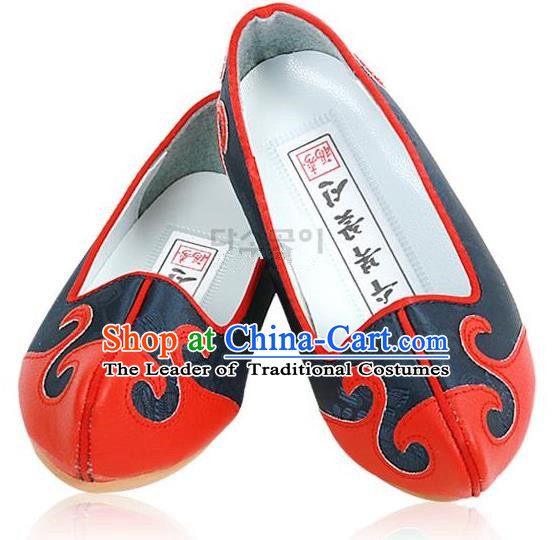 Traditional Korean National Embroidered Deep Blue Shoes, Asian Korean Hanbok Children Shoes for Boys