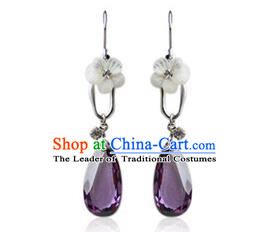 Traditional Korean Accessories Purple Crystal Earrings, Asian Korean Fashion Wedding Tassel Eardrop for Women