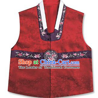 Traditional Korean Handmade Hanbok Embroidered Red Vest, Asian Korean Apparel Hanbok Embroidery Bridegroom Waistcoat for Men