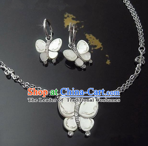 Traditional Korean Accessories Asian Korean Fashion Wedding Shell Butterfly Necklace and Earrings Complete Set for Women
