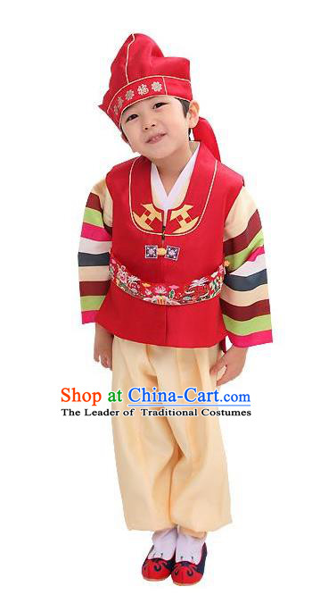 Traditional Korean Handmade Hanbok Embroidered Red Clothing, Asian Korean Apparel Hanbok Embroidery Bridegroom Costume for Kids