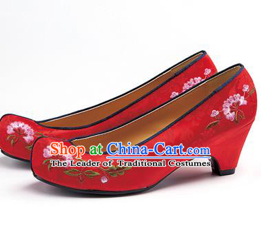 Traditional Korean National Red Embroidered Shoes, Asian Korean Hanbok Bride High-heeled Shoes for Women