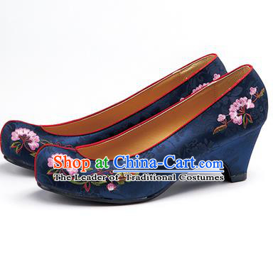 Traditional Korean National Navy Embroidered Shoes, Asian Korean Hanbok Bride High-heeled Shoes for Women
