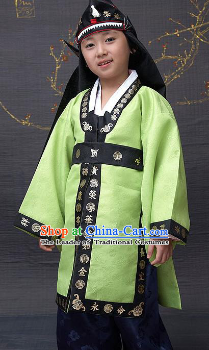 Traditional Korean National Top Grade Handmade Court Embroidered Costume, Asian Korean Boys Green Hanbok Clothing for Kids