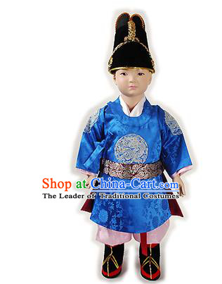 Traditional Korean National Handmade Court Embroidered Costume Boys Emperor Blue Robe, Asian Korean Hanbok Clothing for Kids