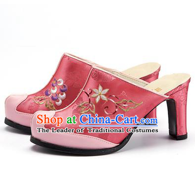 Traditional Korean National Wedding Pink Embroidered Shoes, Asian Korean Hanbok Bride High-heeled Shoes for Women