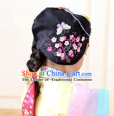 Traditional Korean Hair Accessories Embroidered Butterfly Hat, Asian Korean Fashion Baby Princess Black Hats for Kids