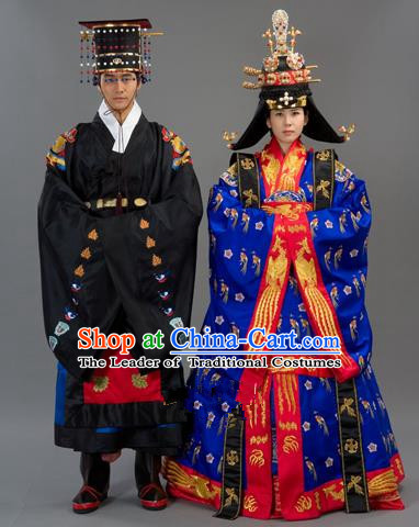 Traditional Korean Handmade Formal Occasions Court Wedding Costume Complete Set, Asian Korean Apparel Bride and Bridegroom Hanbok Clothing