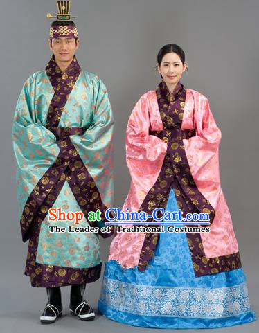 Traditional Korean Handmade Formal Occasions Embroidered Wedding Costume, Asian Korean Apparel Bride and Bridegroom Hanbok Clothing Complete Set