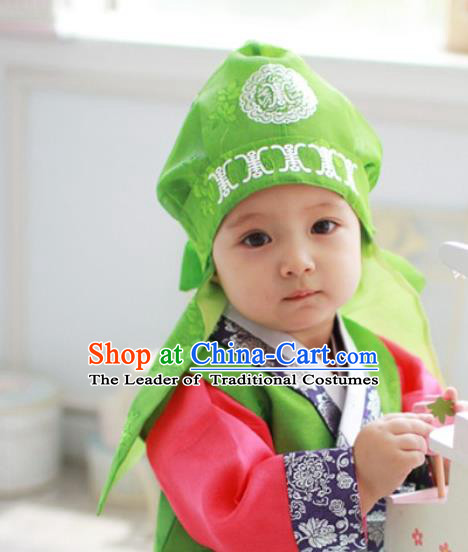 Traditional Korean Hair Accessories Palace Prince Green Hats, Asian Korean National Fashion Children Headwear for Boys