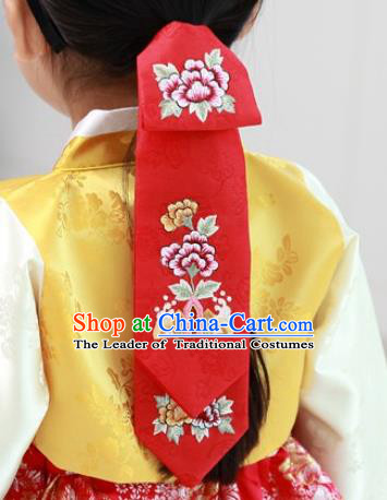 Traditional Korean Hair Accessories Palace Princess Embroidery Red Hair Ribbons, Asian Korean National Fashion Children Headband for Girls