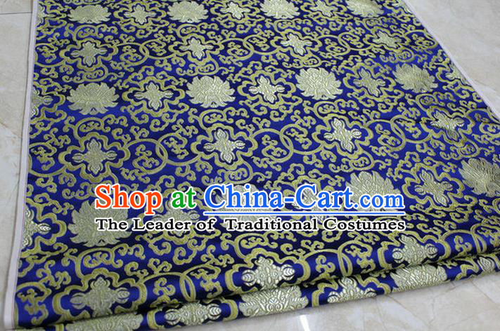 Chinese Traditional Royal Palace Golden Rich Flowers Pattern Royalblue Brocade Cheongsam Fabric, Chinese Ancient Costume Satin Hanfu Tang Suit Material