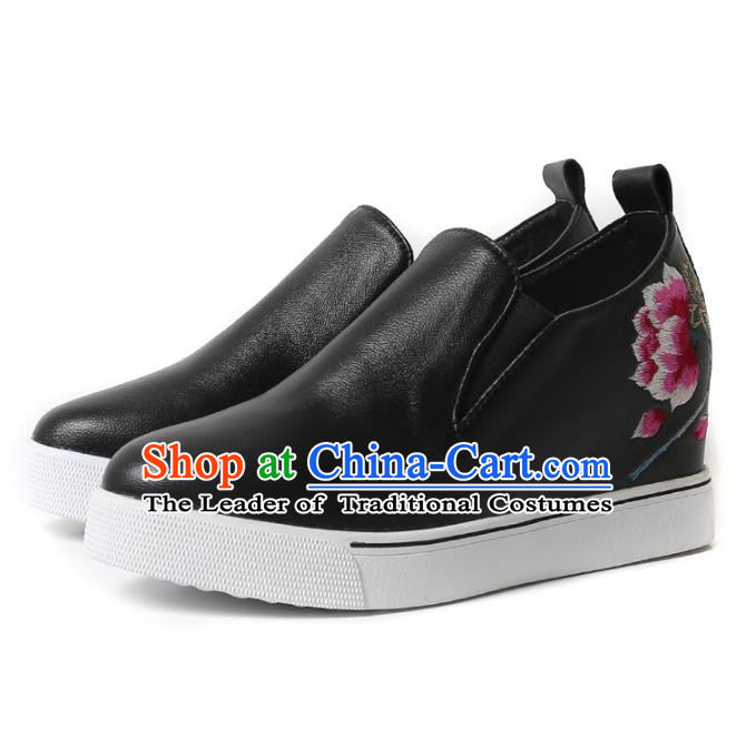 Asian Chinese Traditional Shoes Black Embroidered Boots, China Handmade Embroidery Peony Shoes for Women