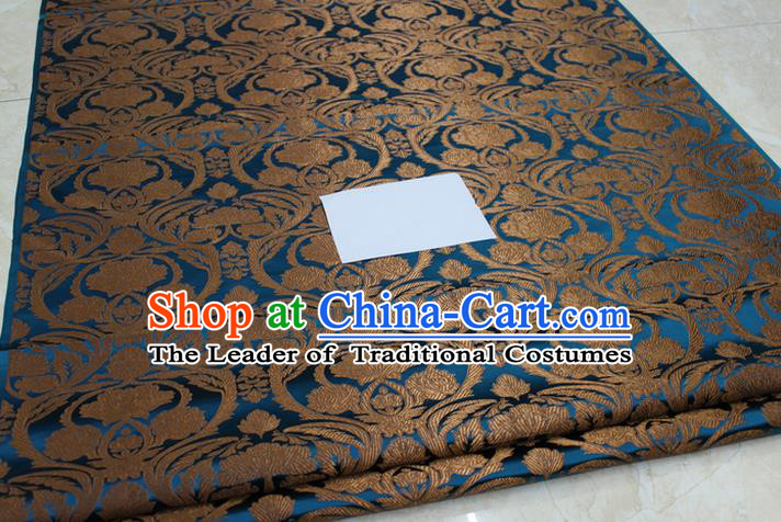 Chinese Traditional Royal Palace Pattern Blue Brocade Mongolian Robe Tibetan Robe Fabric, Chinese Ancient Costume Satin Hanfu Tang Suit Material