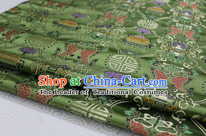 Chinese Traditional Ancient Costume Palace Double Fish Pattern Olive Green Nanjing Brocade Cheongsam Satin Mongolian Robe Fabric Hanfu Material