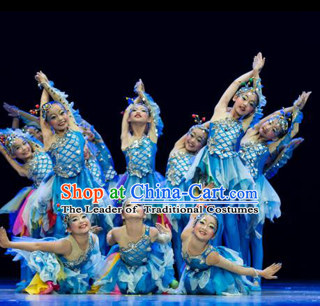 Traditional Chinese Modern Fish Dance Costume, Folk Dance Drum Dance Blue Uniform Yangko Clothing for Kids