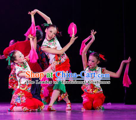 Traditional Chinese Yangge Fan Dance Costume, Folk Dance Drum Dance Uniform Yangko Clothing for Kids