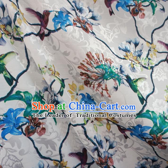 Chinese Traditional Palace Printing Bird Flowers Pattern Hanfu White Brocade Fabric Ancient Costume Tang Suit Cheongsam Material