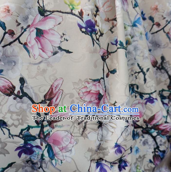 Chinese Traditional Palace Printing Magnolia Flowers Pattern Hanfu White Brocade Fabric Ancient Costume Tang Suit Cheongsam Material