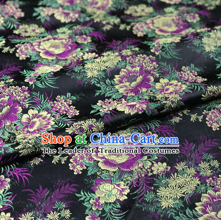 Chinese Traditional Palace Flowers Pattern Hanfu Black Brocade Fabric Ancient Costume Tang Suit Cheongsam Material