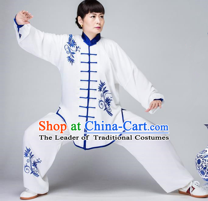 Traditional Chinese Kung Fu Embroidered Costume, China Martial Arts White Uniform Tai Ji Tang Suit Plated Buttons Clothing for Women