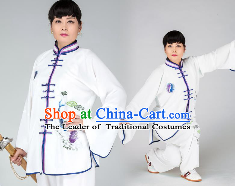 Traditional Chinese Kung Fu Printing Fish Costume, China Martial Arts Uniform Tai Ji Tang Suit Plated Buttons Clothing for Women