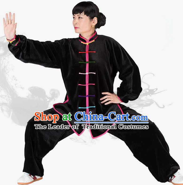 Chinese Kung Fu Black Velvet Costume, China Traditional Martial Arts Kung Fu Tai Ji Uniform for Women for Men