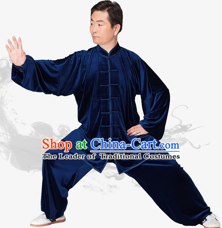 Chinese Kung Fu Black Navy Velvet Plated Buttons Costume Traditional Martial Arts Kung Fu Tai Ji Uniform for Women for Men