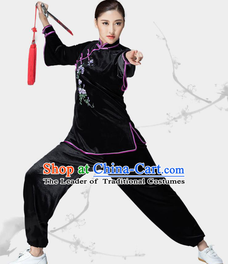 Traditional Chinese Kung Fu Black Velvet Embroidered Costume, China Martial Arts Tai Ji Slant Opening Clothing for Women