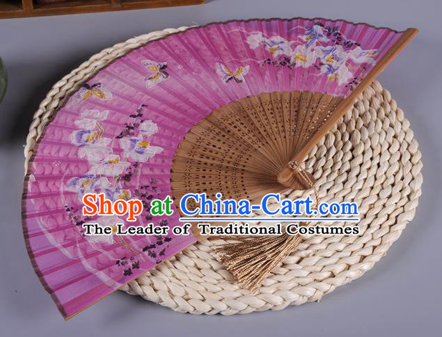 Traditional Chinese Crafts Printing Butterfly Pink Silk Folding Fan China Oriental Fans for Women