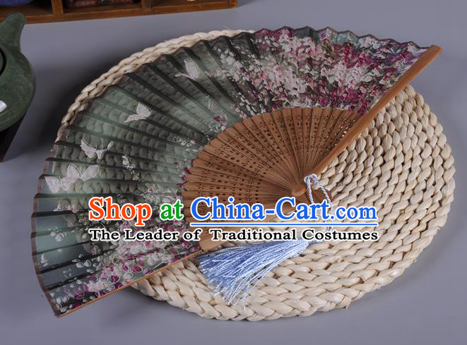 Traditional Chinese Crafts Printing Butterfly Atrovirens Silk Folding Fan China Oriental Fans for Women