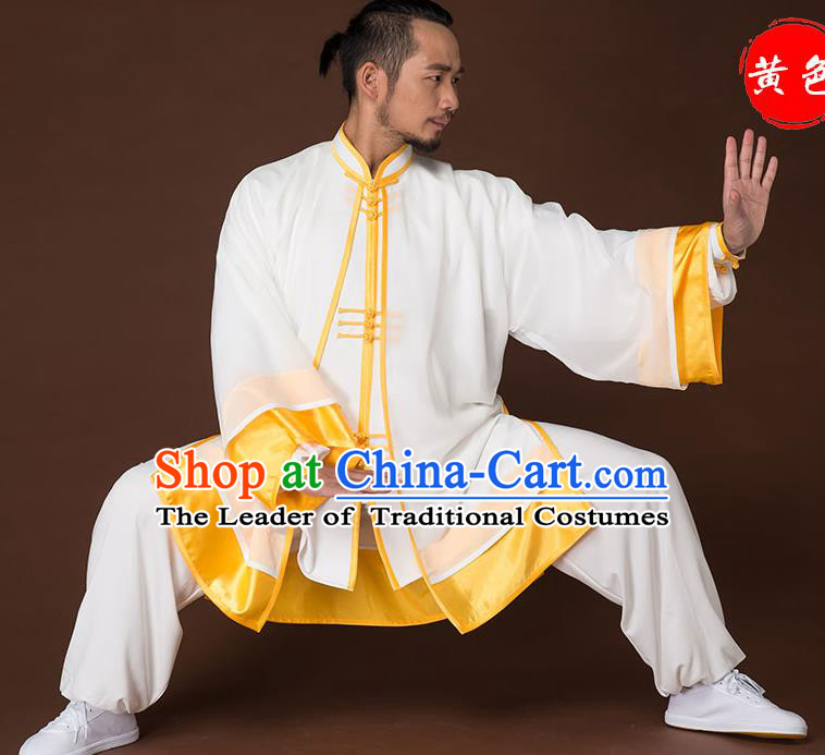 Traditional Chinese Kung Fu Costume Complete Set, China Martial Arts Yellow Uniform Tai Ji Tang Suit Clothing for Men